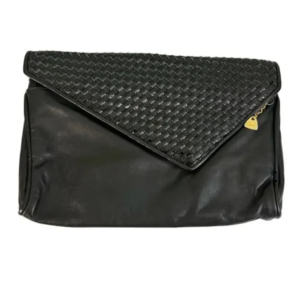 BRIO Vintage 80's Clutch Envelope Purse Bag Black Leather Woven Evening Handbag